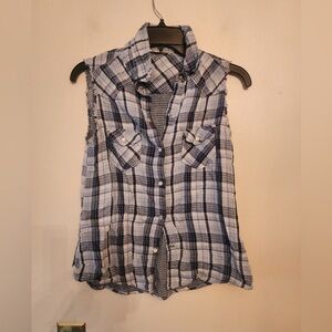 Hippie Laundry Sleeveless Button Top Womans Small Jr Blue White Plaid Collar